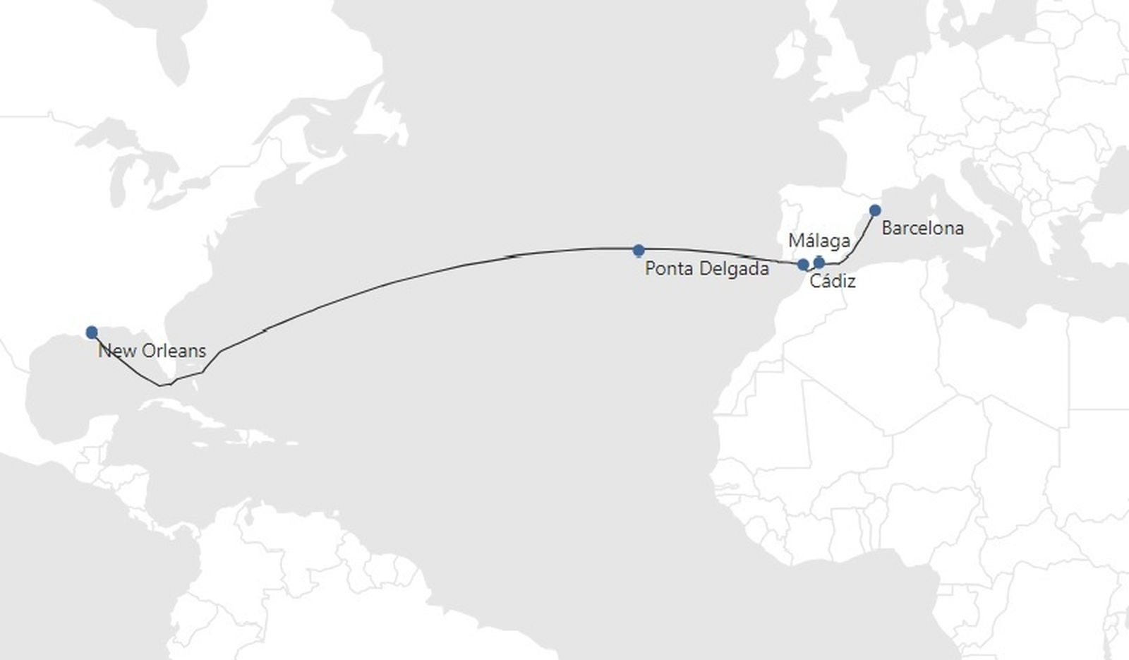 Ruta entre Barcelona y Nueva Orleans, al otro lado del Atlántico, con parada en Cádiz