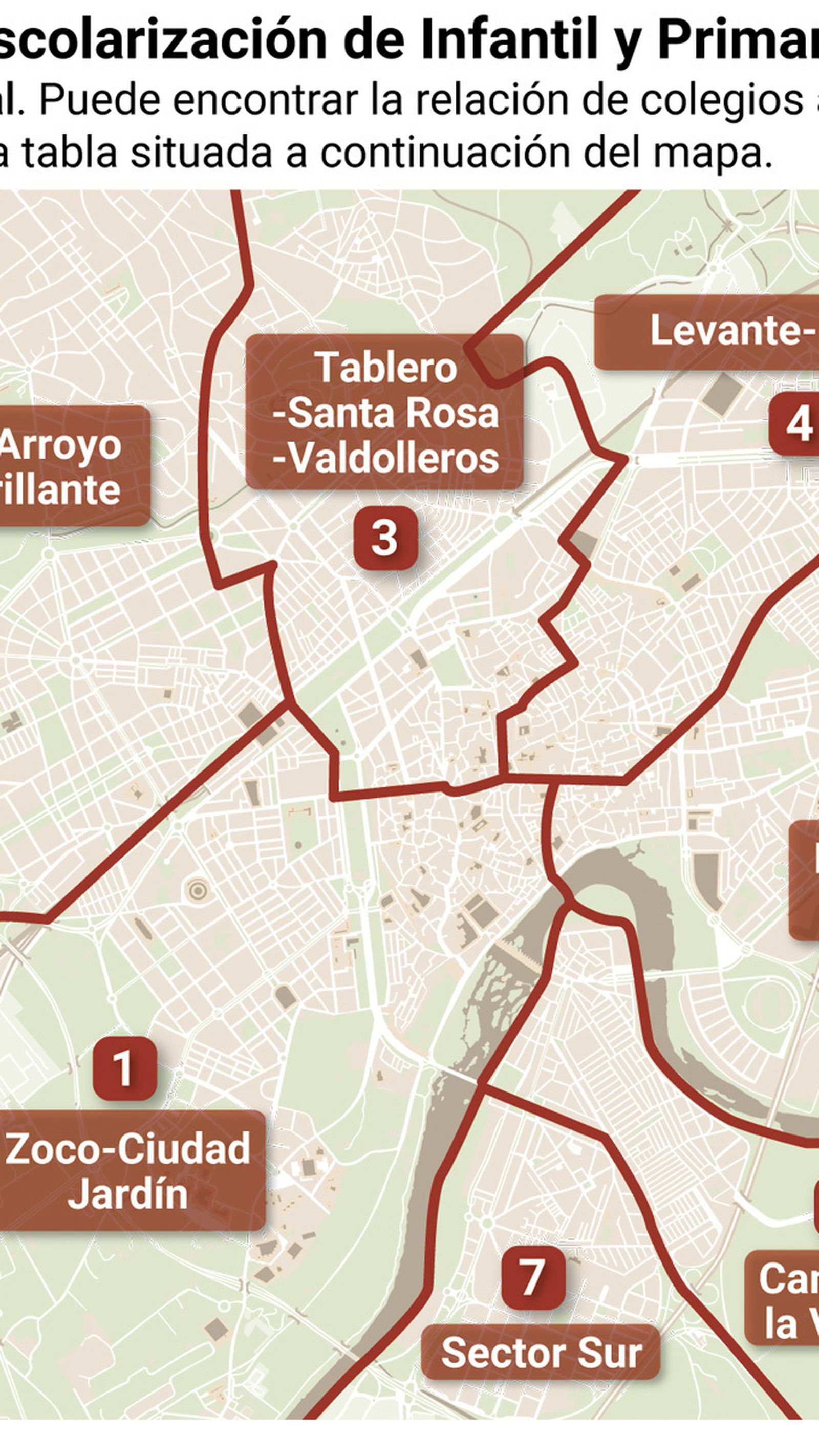 Mapa con las zonas de escolarización de Infantil y Primaria