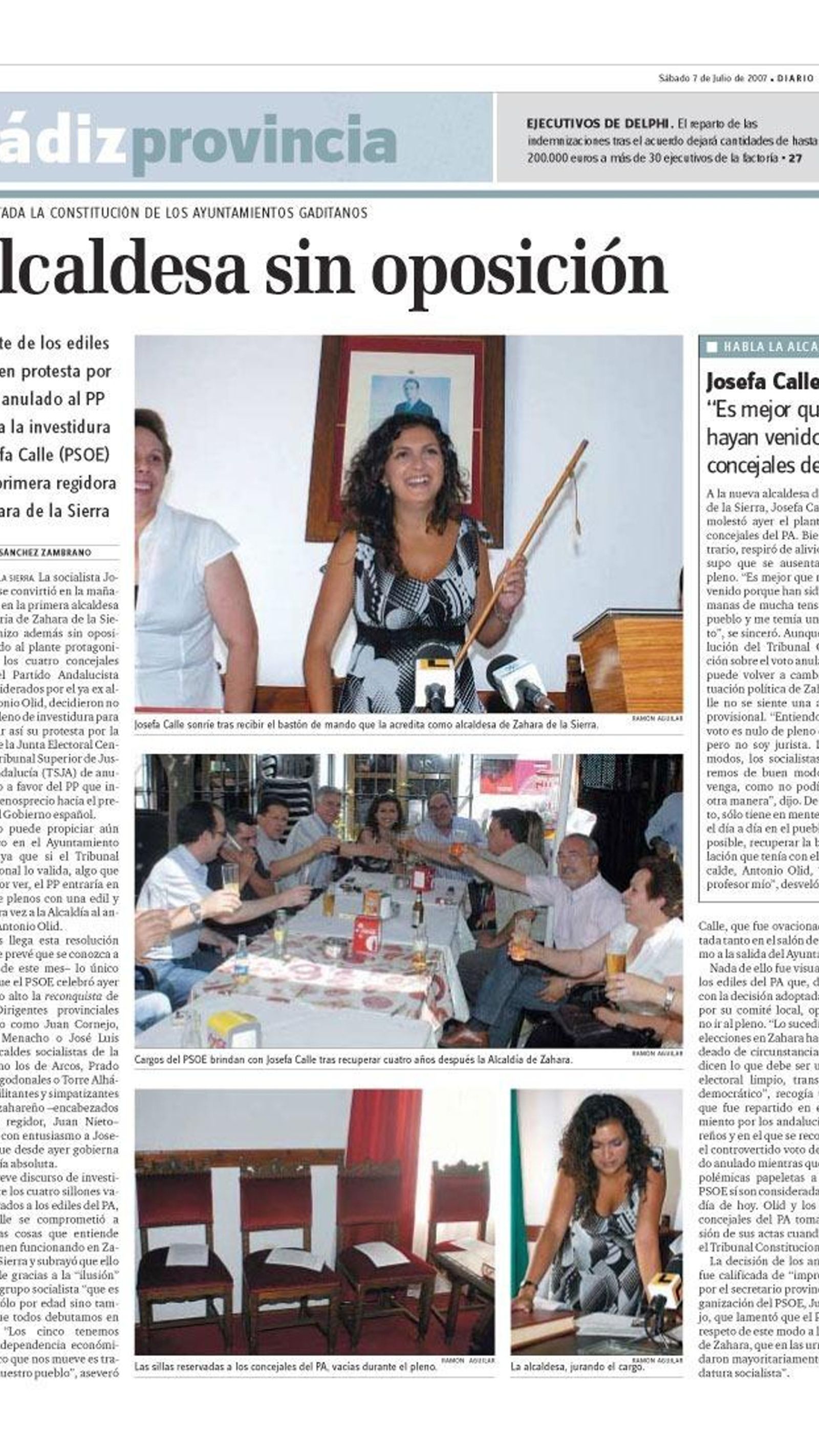 Página de Diario de Cádiz del 7 de julio de 2007, con la crónica de la sesión de investidura de Pepi Calle (PSOE) como alcaldesa de Zahara de la Sierra .