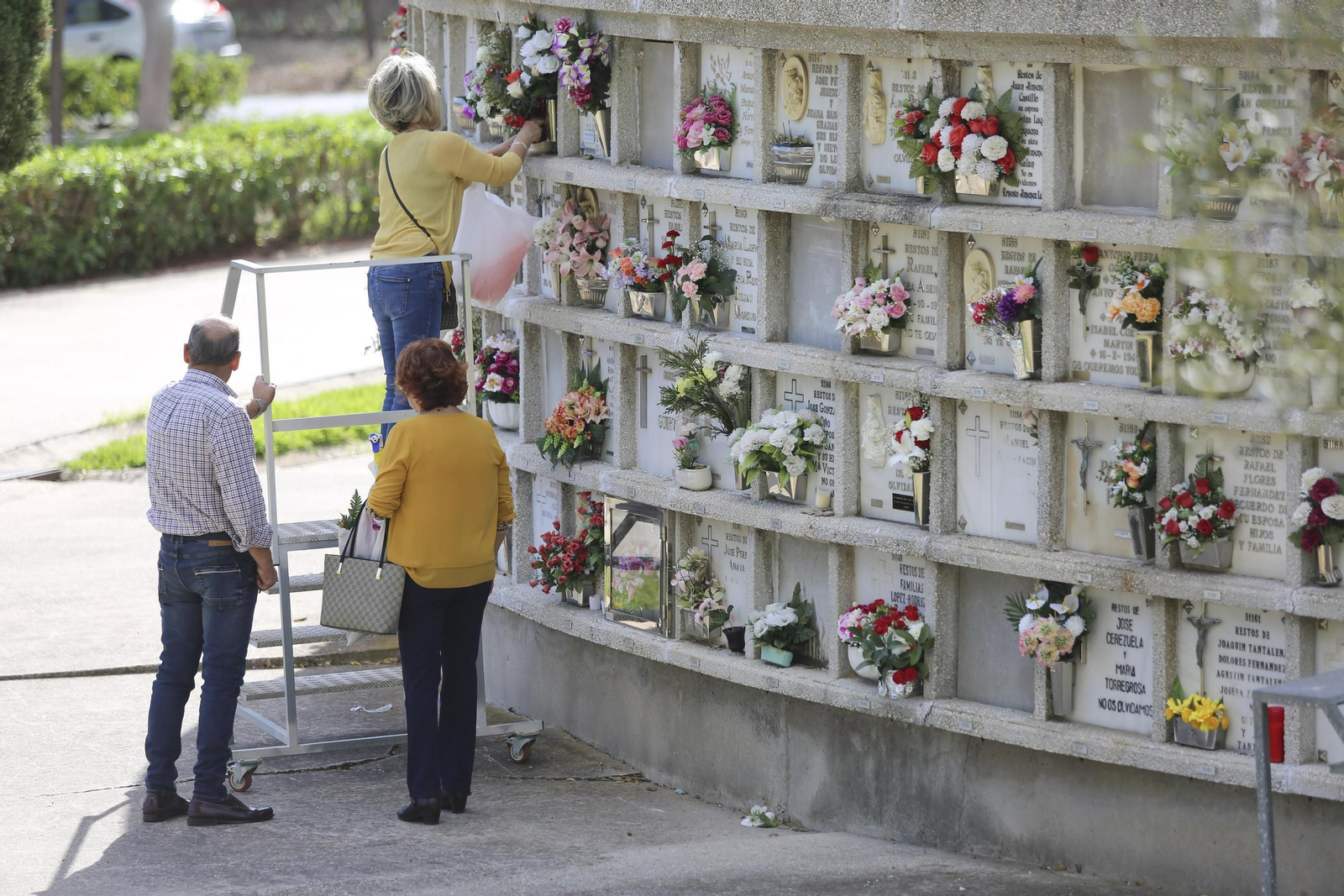 Un grupo de personas arregla las flores de un nicho del Parque Cementerio de Málaga.