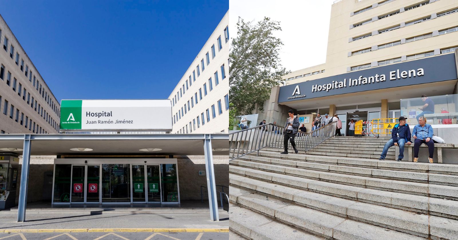 Fachadas de los hospitales Juan Ramón Jiménez e Infanta Elena.