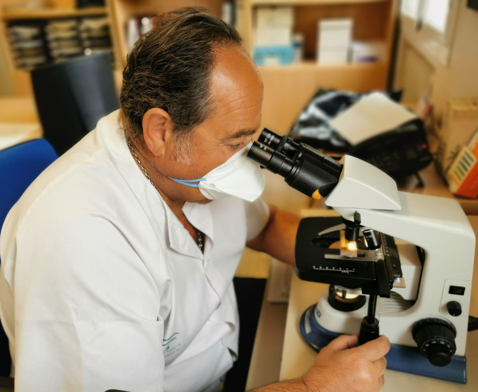 El jefe de la Unidad de Alergia del Área Hospitalaria de Valme, el doctor Orta Cuevas, junto al microscopio estudiando una muestra de polen.