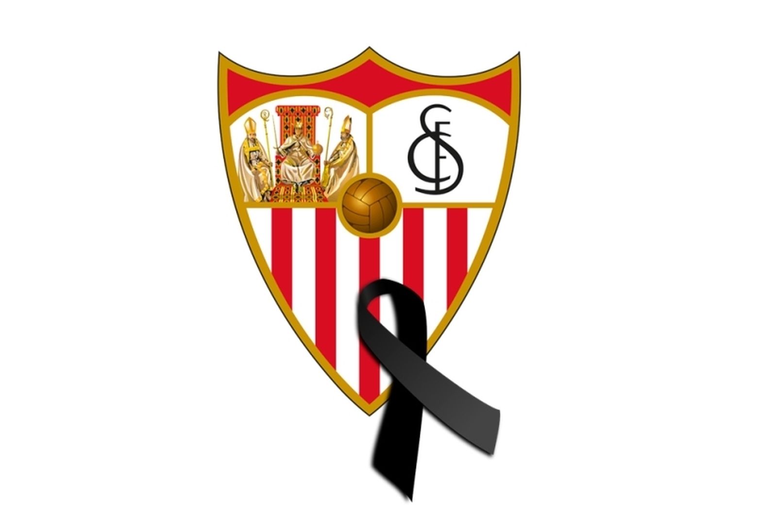 El escudo del Sevilla, con crespón negro, por la muerte de los tres sevillistas que viajaban a Madrid.