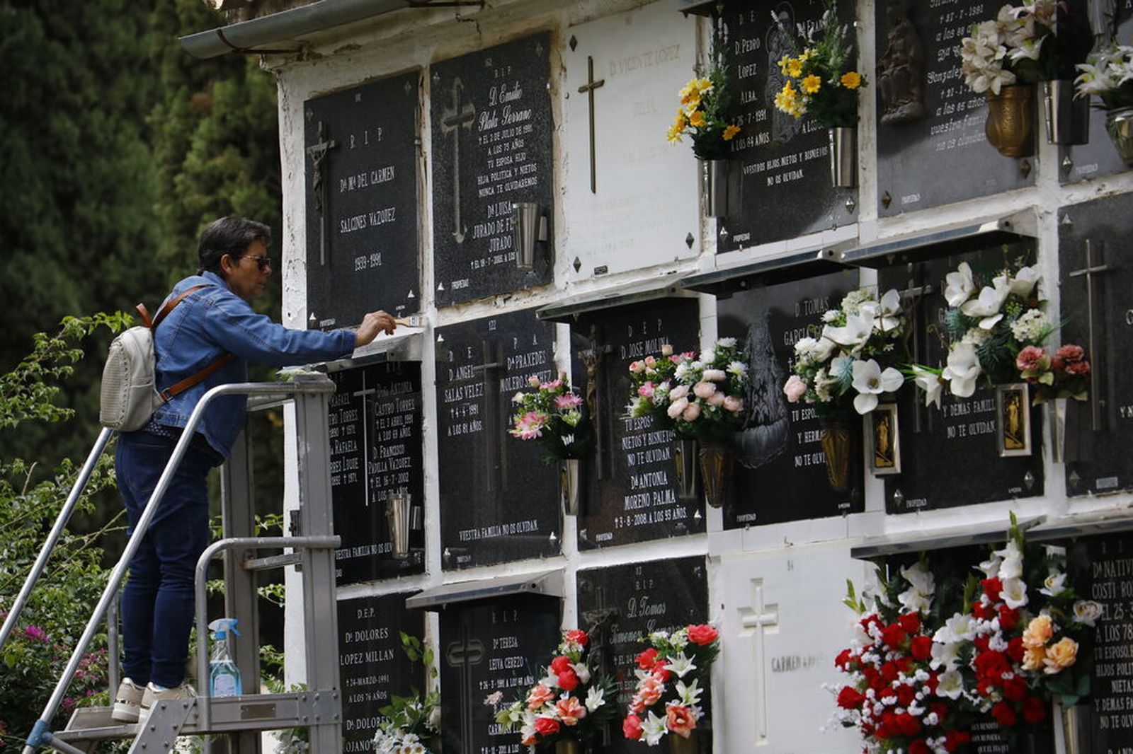 Una persona adecenta un nicho en el cementerio de San Rafael.