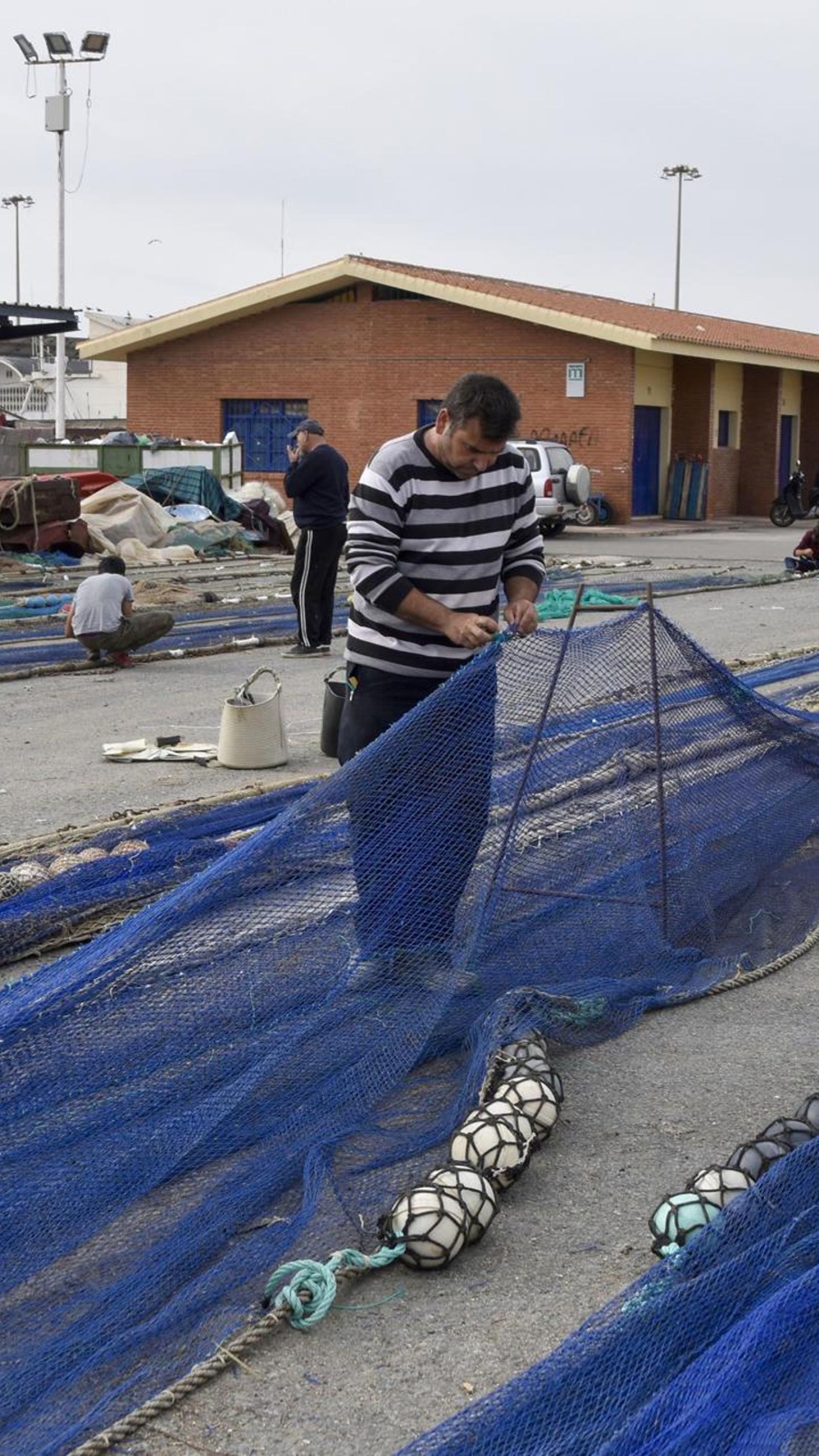 Rederos y otros trabajadores del mar urdiendo redes de pesca en la Caleta de Vélez.