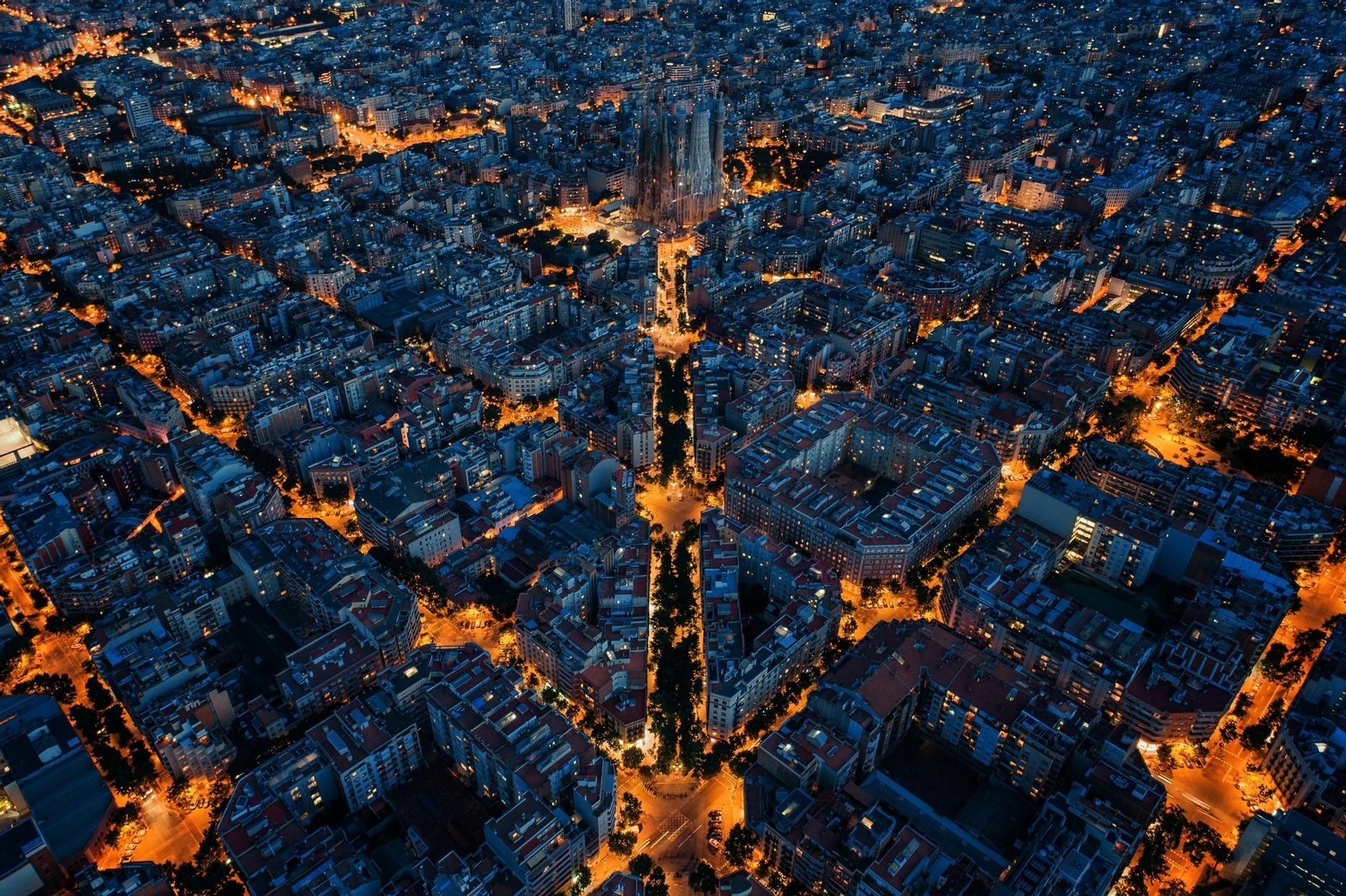 Barcelona street night aerial View