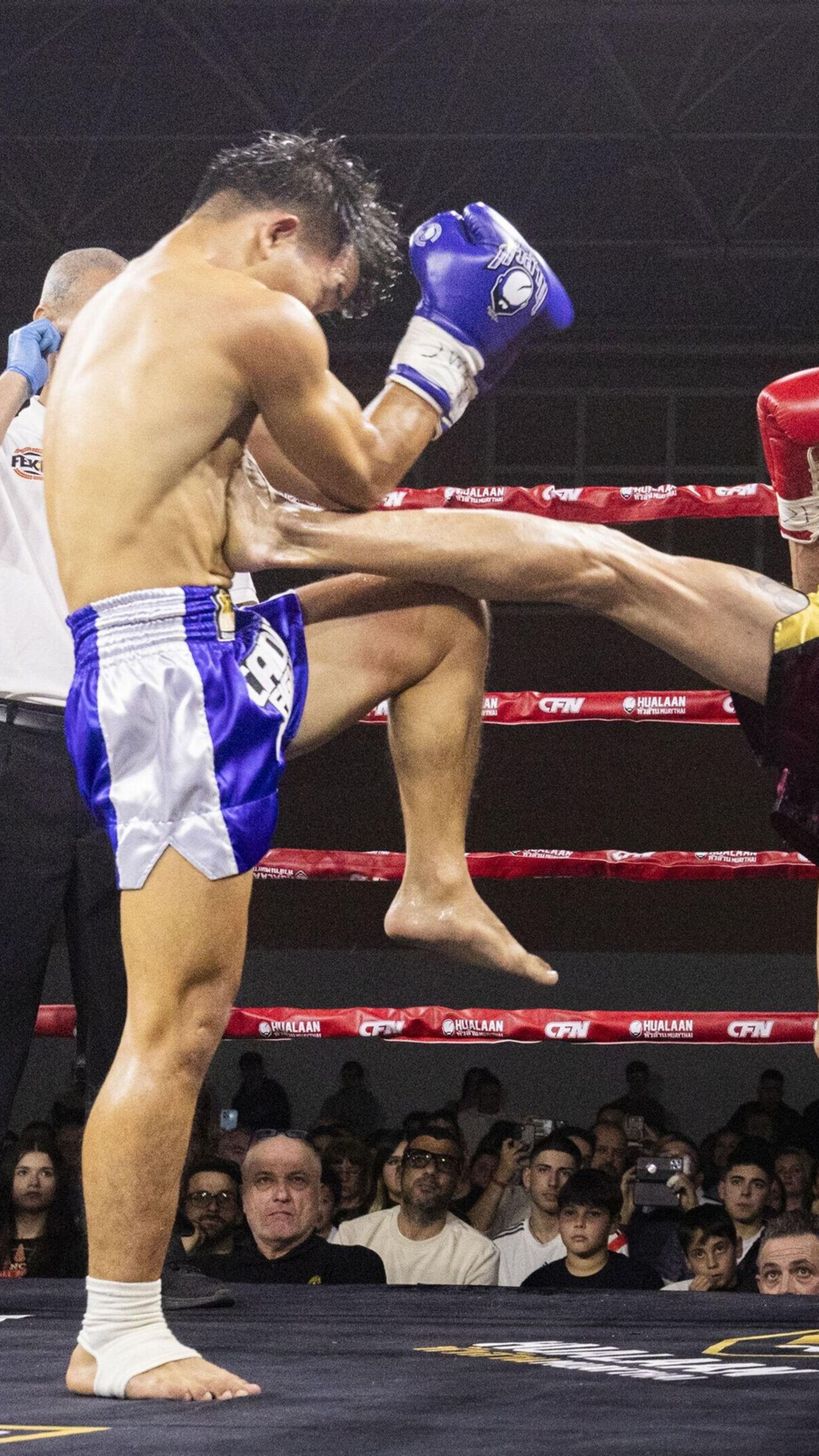 'Middle kick' de Coello a su oponente.