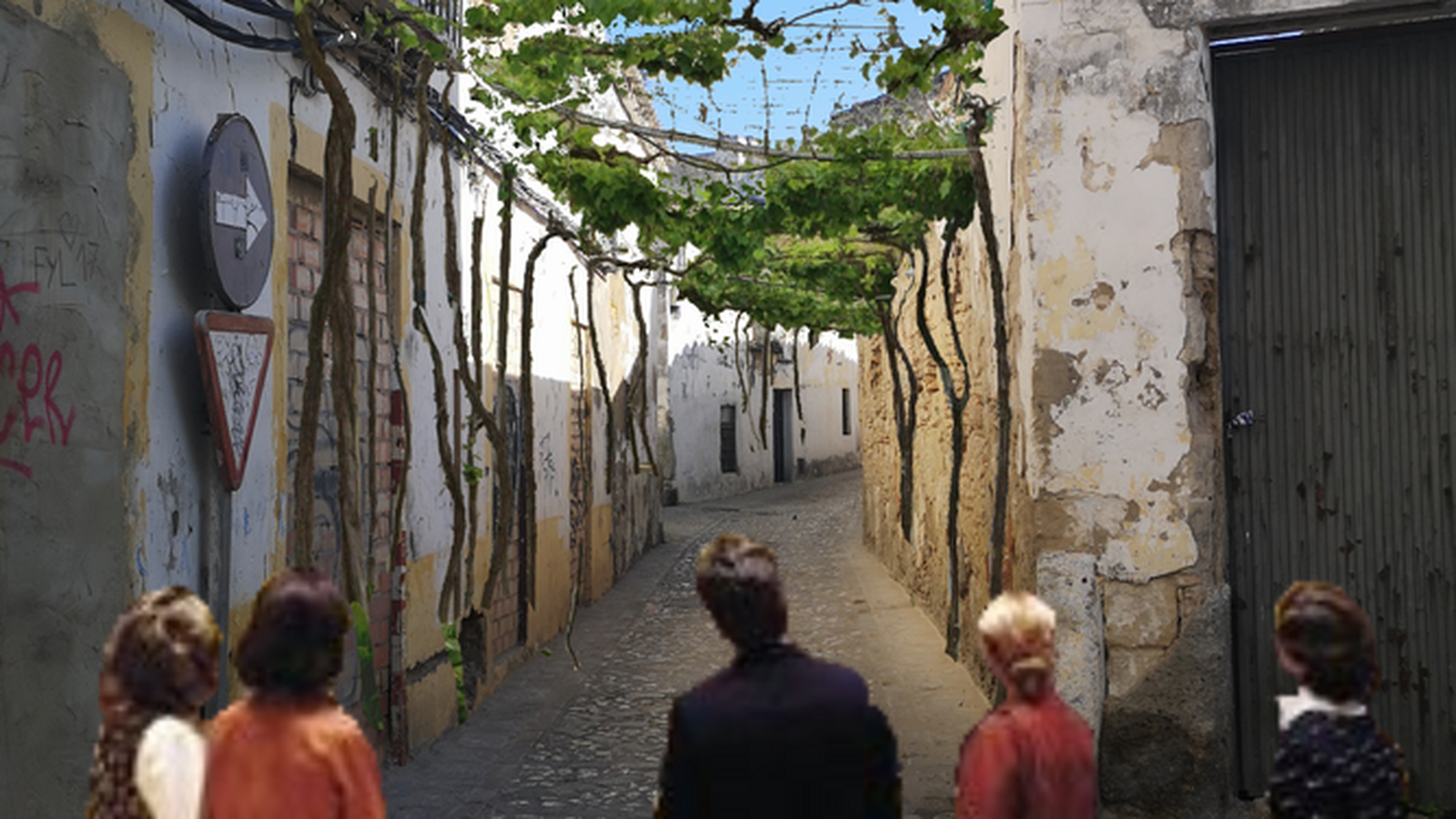 Imagen de una calle del casco histórico emparrada. Ilustración de Juan Ángel González de la Calle.