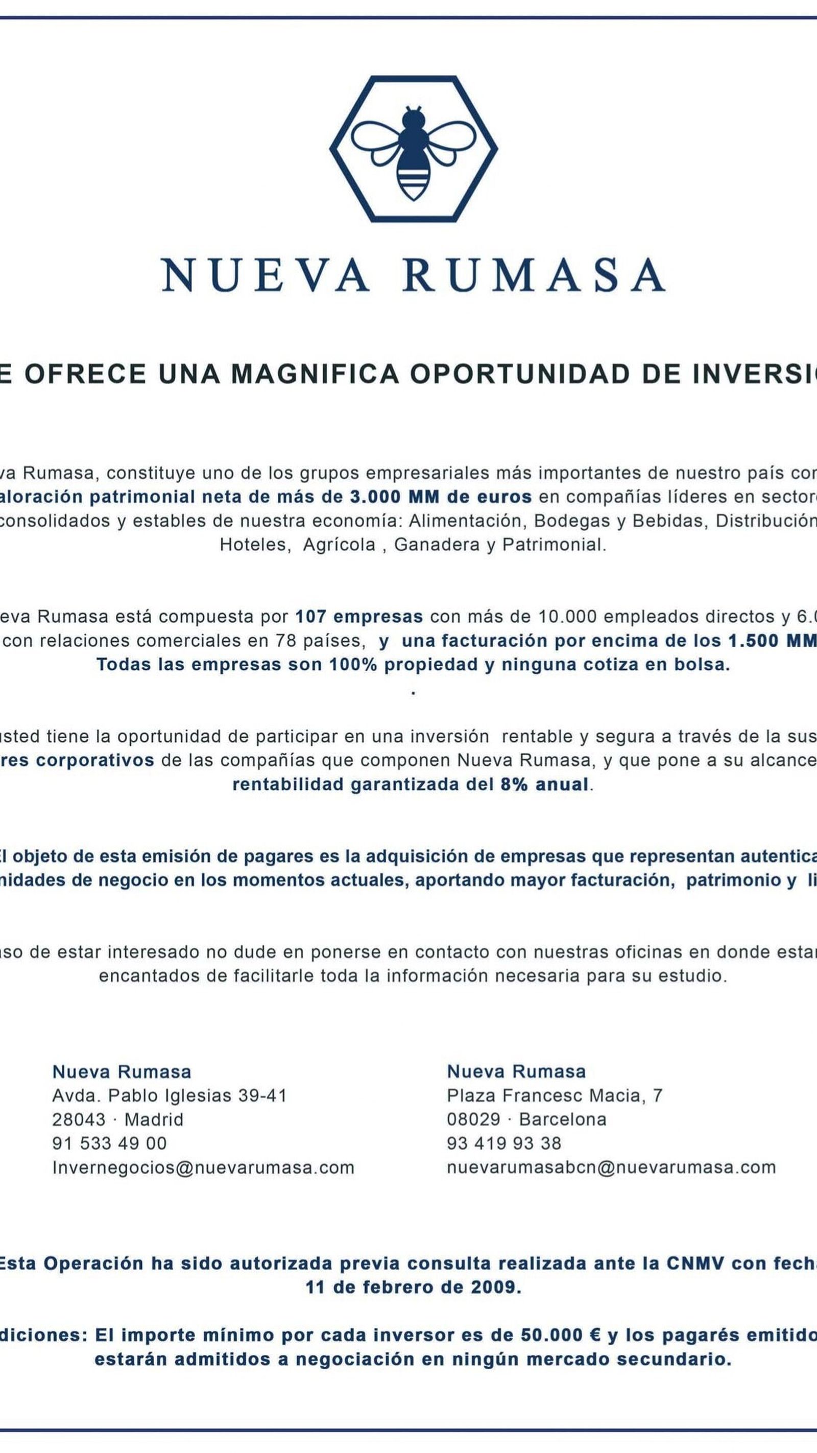 Uno de los anuncios de Nueva Rumasa publicados en 2009.