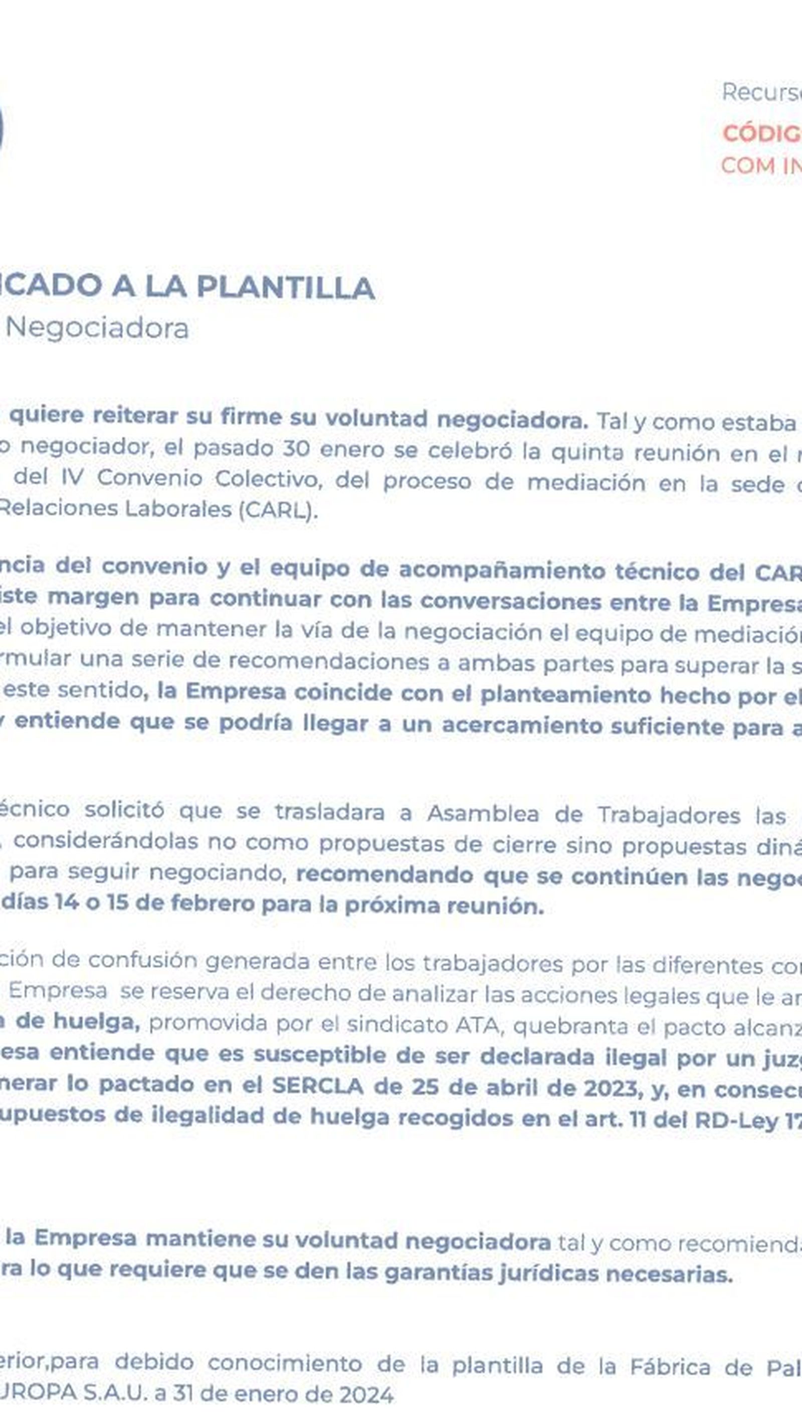 El comunicado de Acerinox a la plantilla.