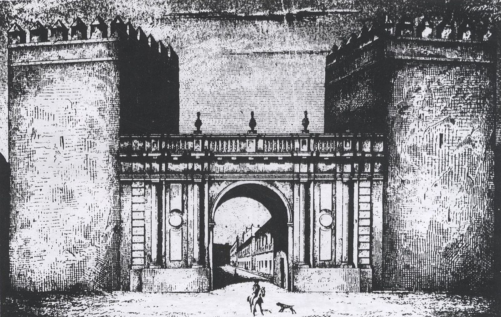 Exterior de la Puerta Nueva o de San Fernando. En: Tovar, B. (1878). Las Puertas de Sevilla. Sevilla: Colegio Oficial de Aparejadores y Arquitectos Técnicos de Sevilla.