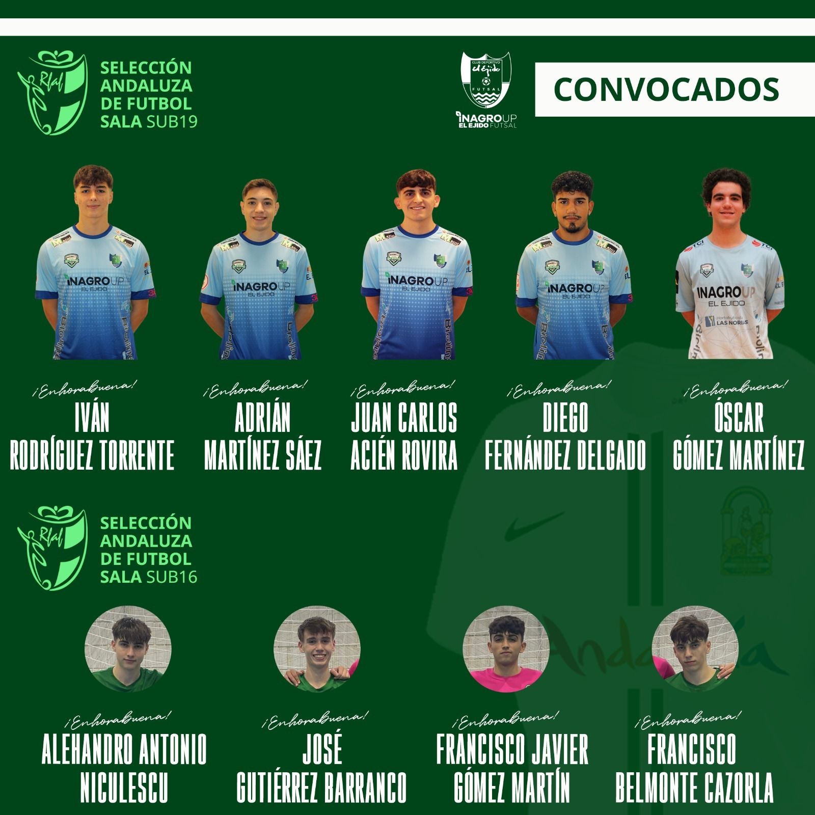 Cartel con el que El Ejido Futsal anuncia la convocatoria de sus jugadores con la selección andaluza.